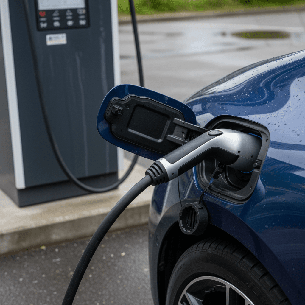 A 2025 Mercedes EQS sedan plugged into a DC fast charger at a modern charging plaza