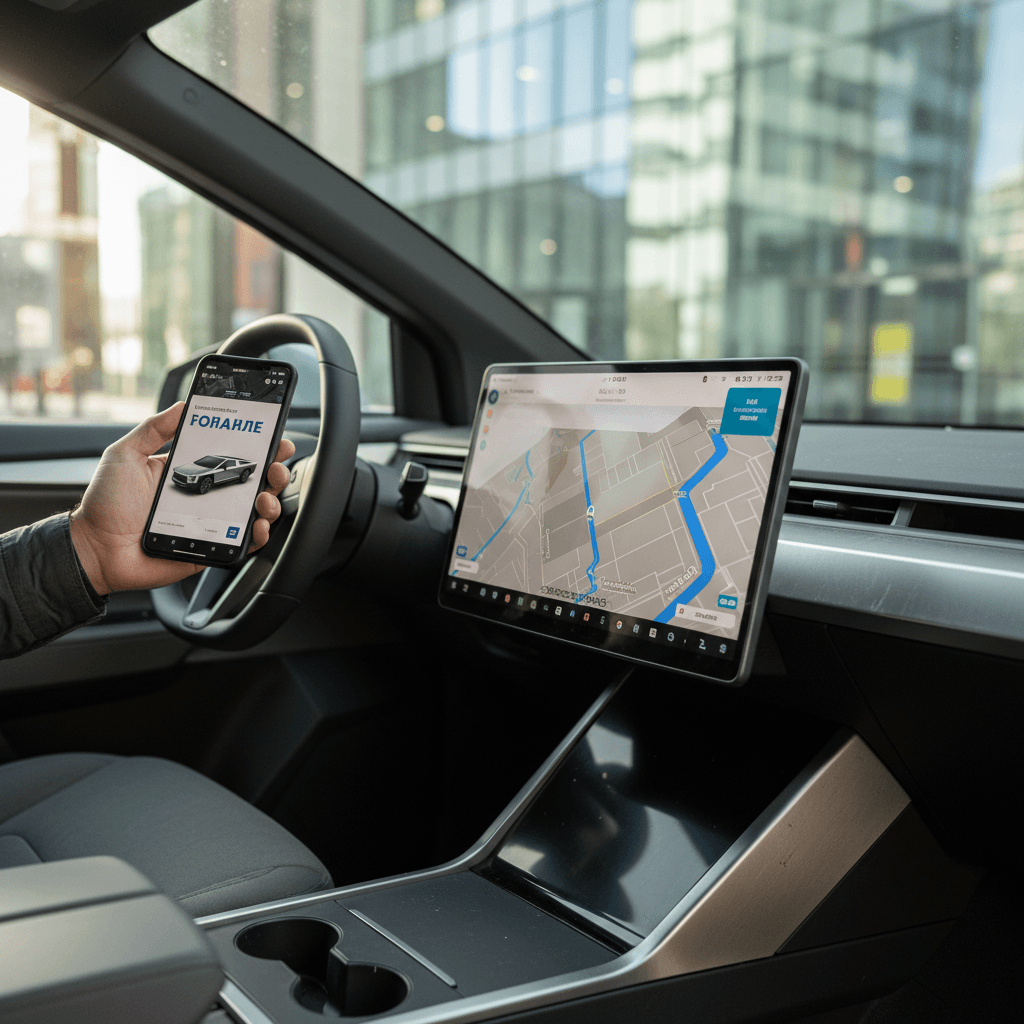 Cleaned Tesla Cybertruck parked in driveway with doors open showing tidy interior