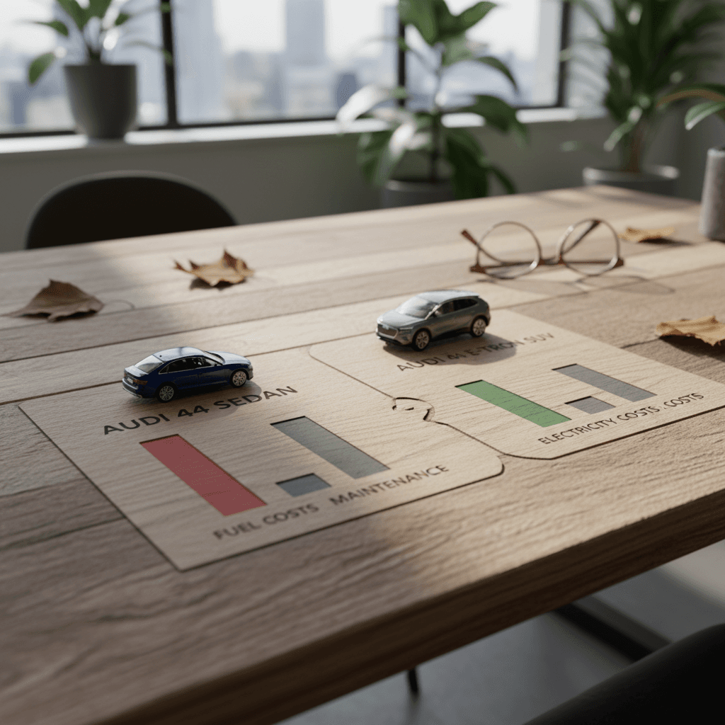 Side-by-side comparison graphic showing annual gas and maintenance costs for an Audi A4 versus electricity and maintenance costs for an Audi Q4 e-tron.