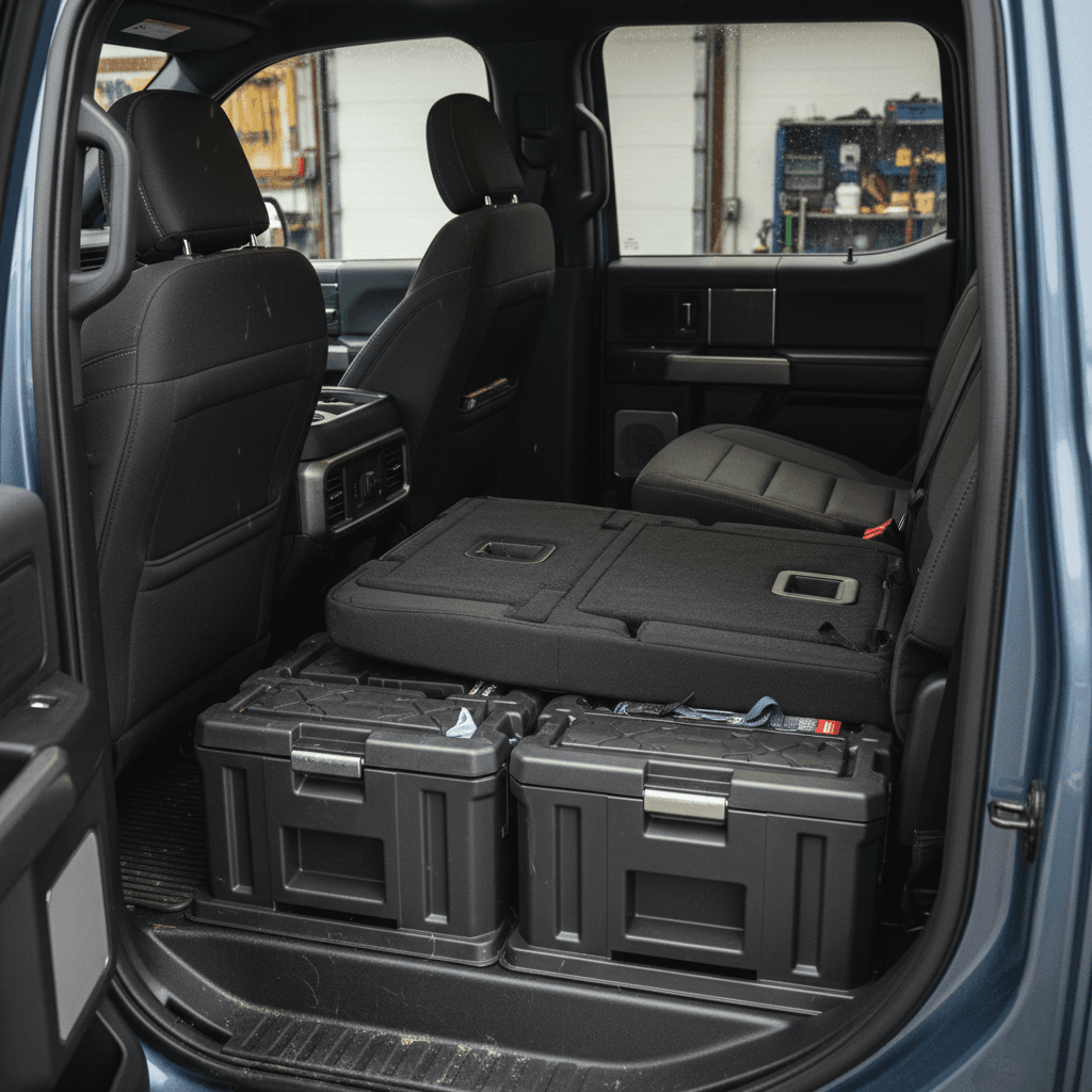 Folded rear seats in a Ford F-150 Lightning showing a flat cargo floor with boxes stacked across the rear row