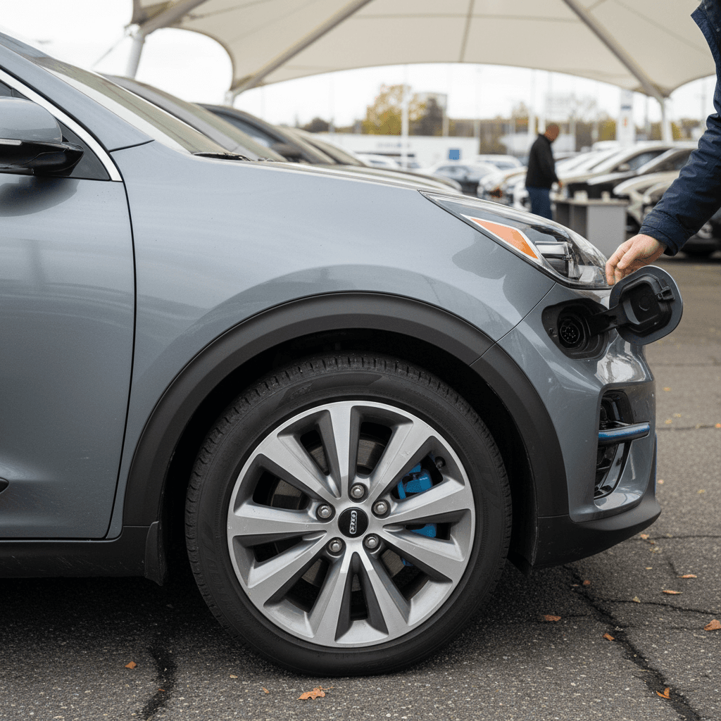 Used 2020 Kia Niro EV plugged into a public CCS fast charger in a parking lot