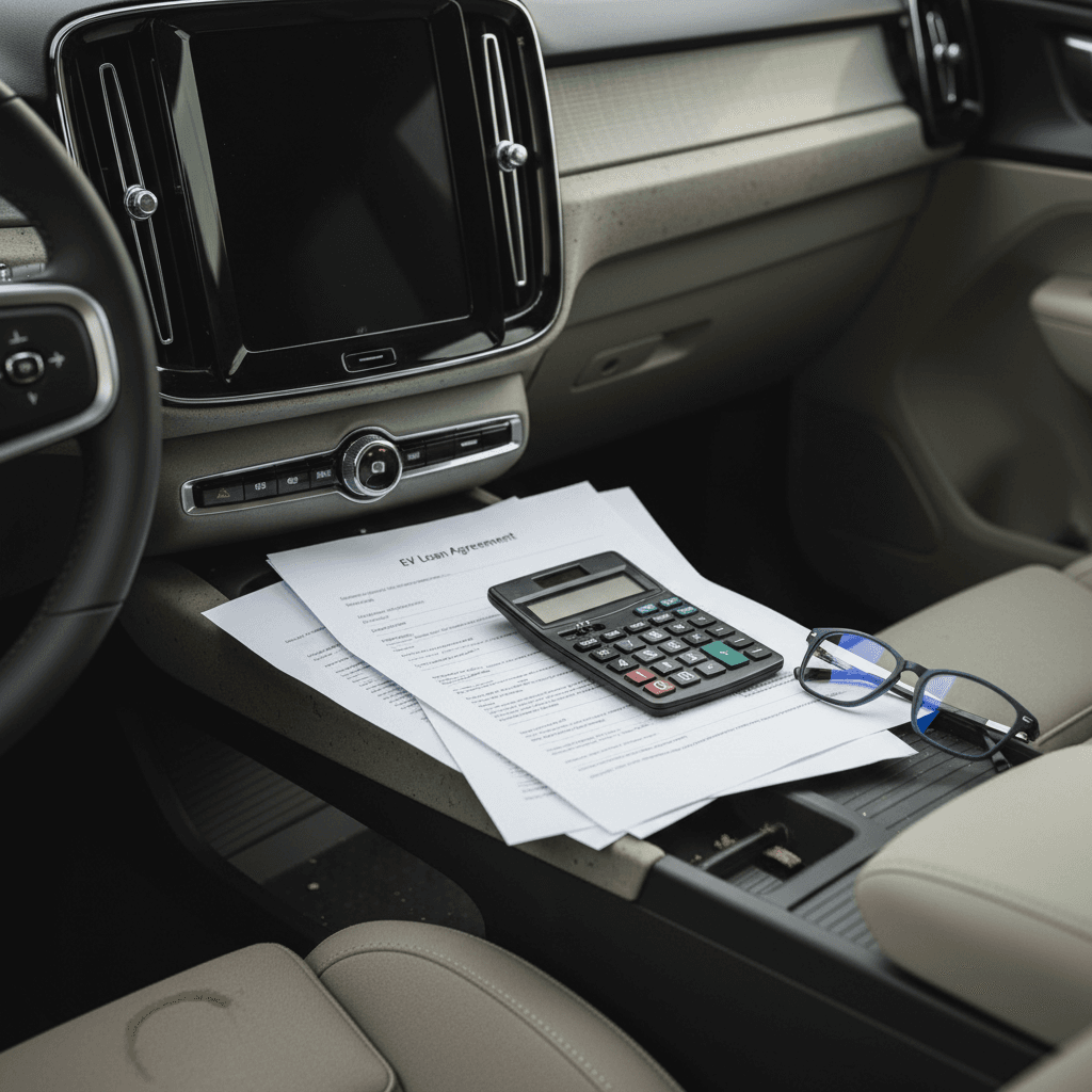 Volvo EX30 interior with paperwork and calculator showing financing options