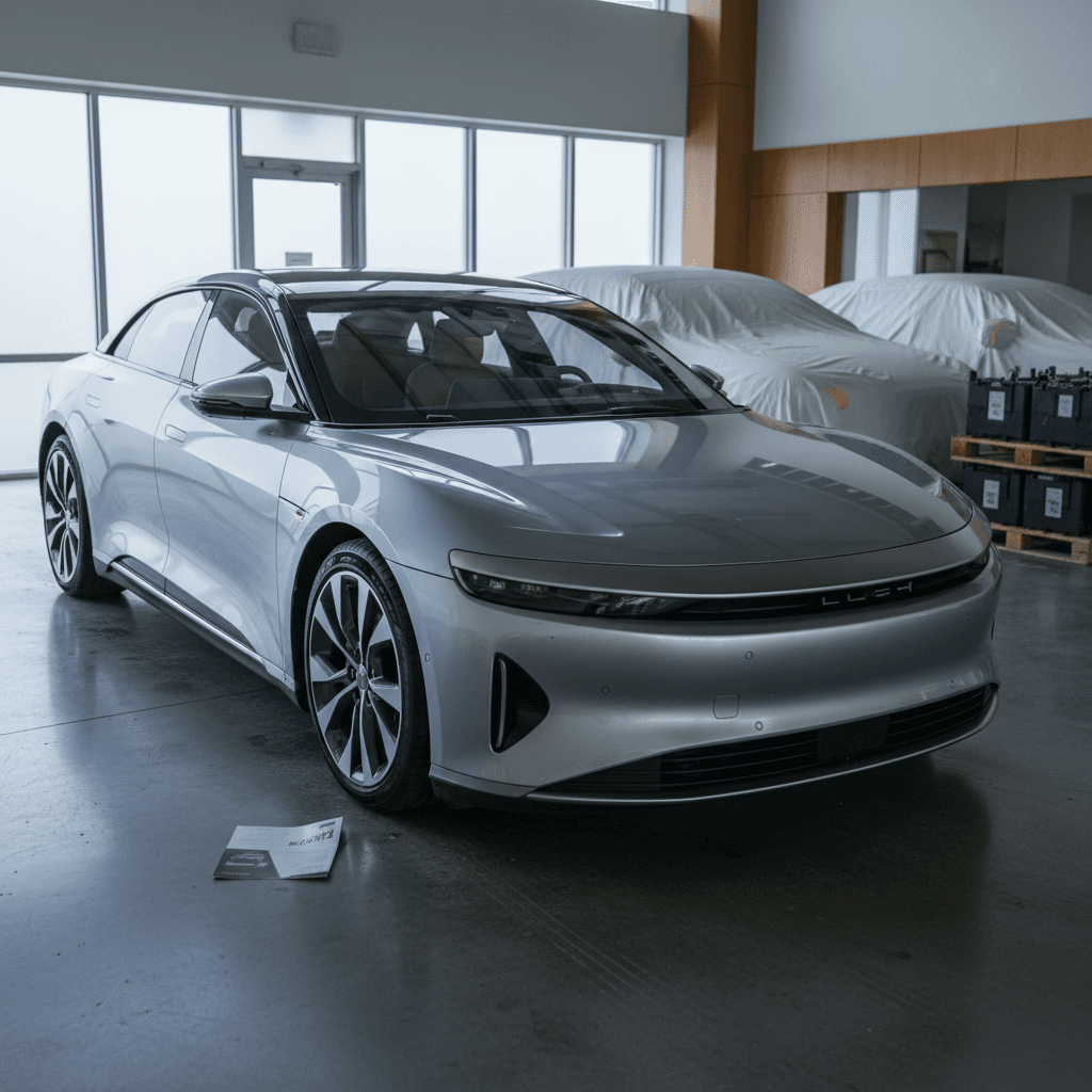 Three Lucid Air sedans representing Pure, Touring, and Grand Touring trims parked side by side in a studio