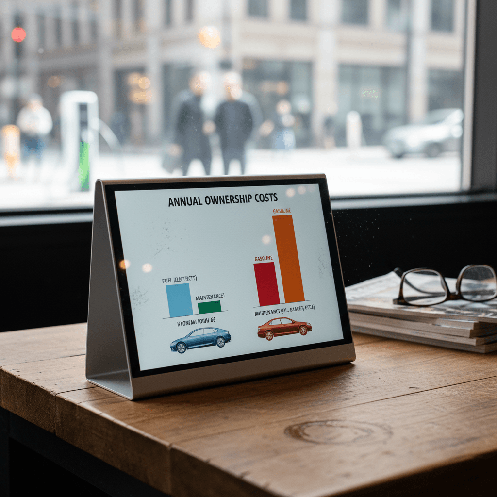 Infographic comparing annual fuel and maintenance expenses for a Hyundai Ioniq 6 electric sedan and a Honda Accord gas sedan