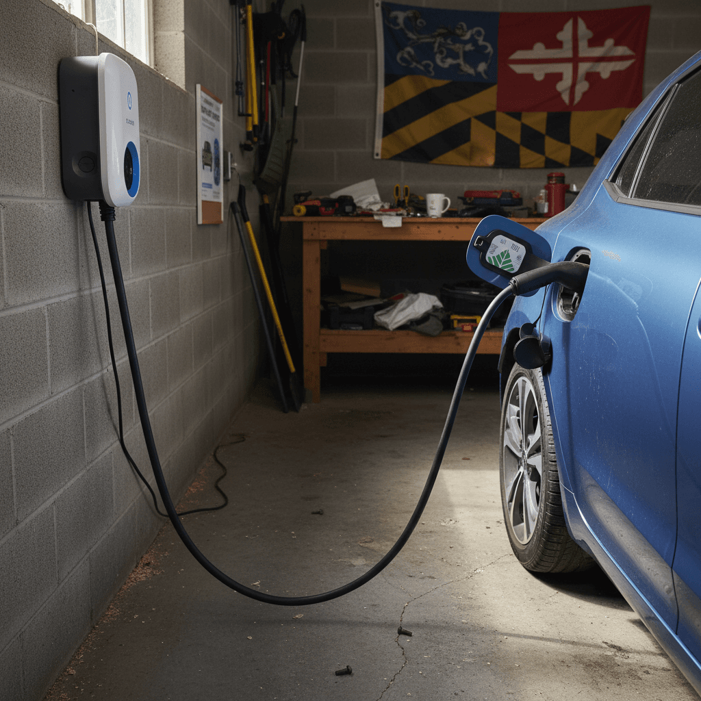 Home Level 2 EV charger mounted on a garage wall in Maryland with a compact electric car plugged in overnight.