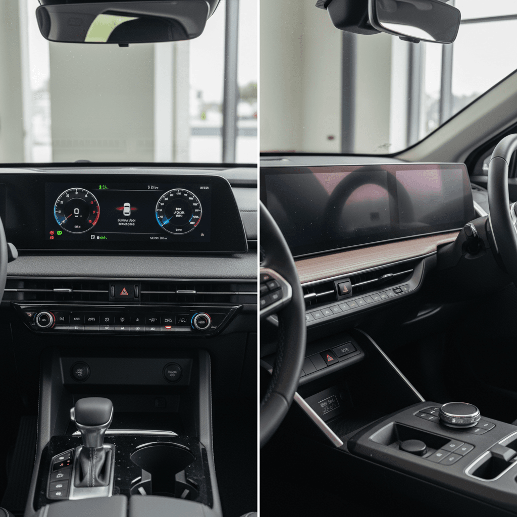 Side by side interiors of a Kia EV6 and BMW iX, highlighting their digital dashboards and modern EV controls.