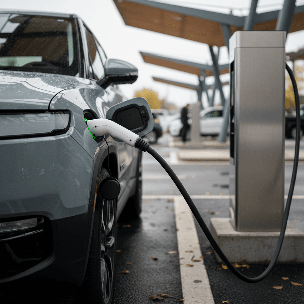 Rivian R2 plugged into a fast charger using the NACS connector at a modern charging station