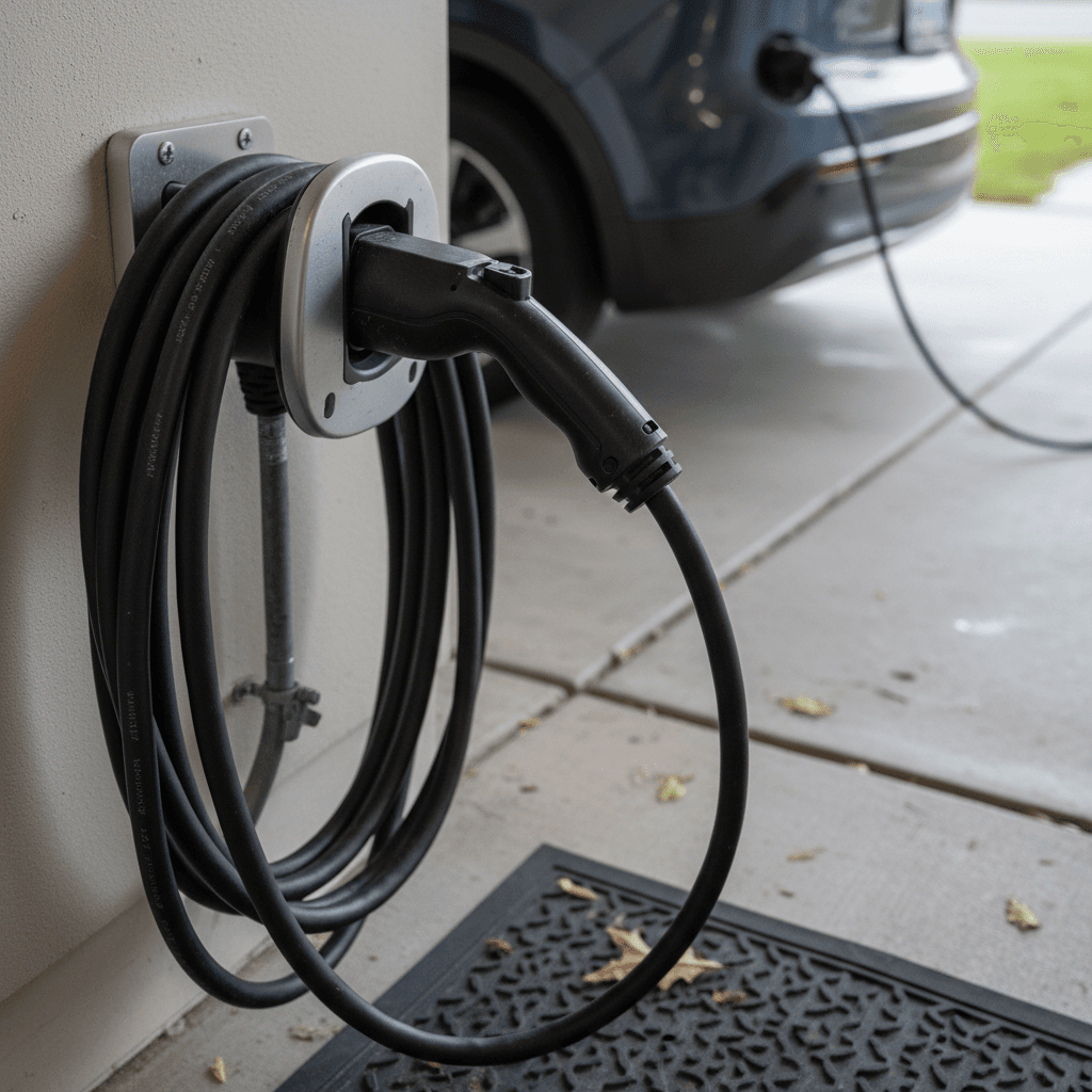 Wall-mounted home EV charger installed in a modern garage