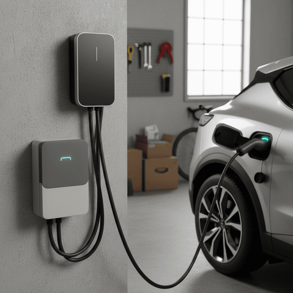 Bidirectional home EV charger and backup gateway panel wired to a home electrical panel with an electric crossover plugged in
