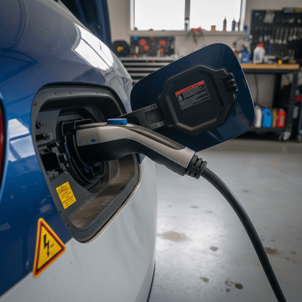 Close-up of a Volvo EX30 charging port connected to a charger with a battery health overlay graphic