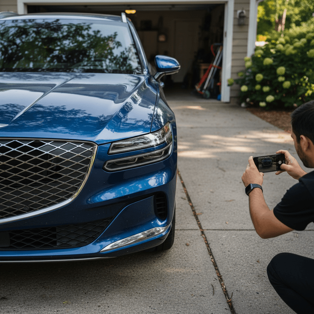 Owner photographing Genesis GV70 Electrified in a driveway to create an online listing with focus on the EV’s exterior condition