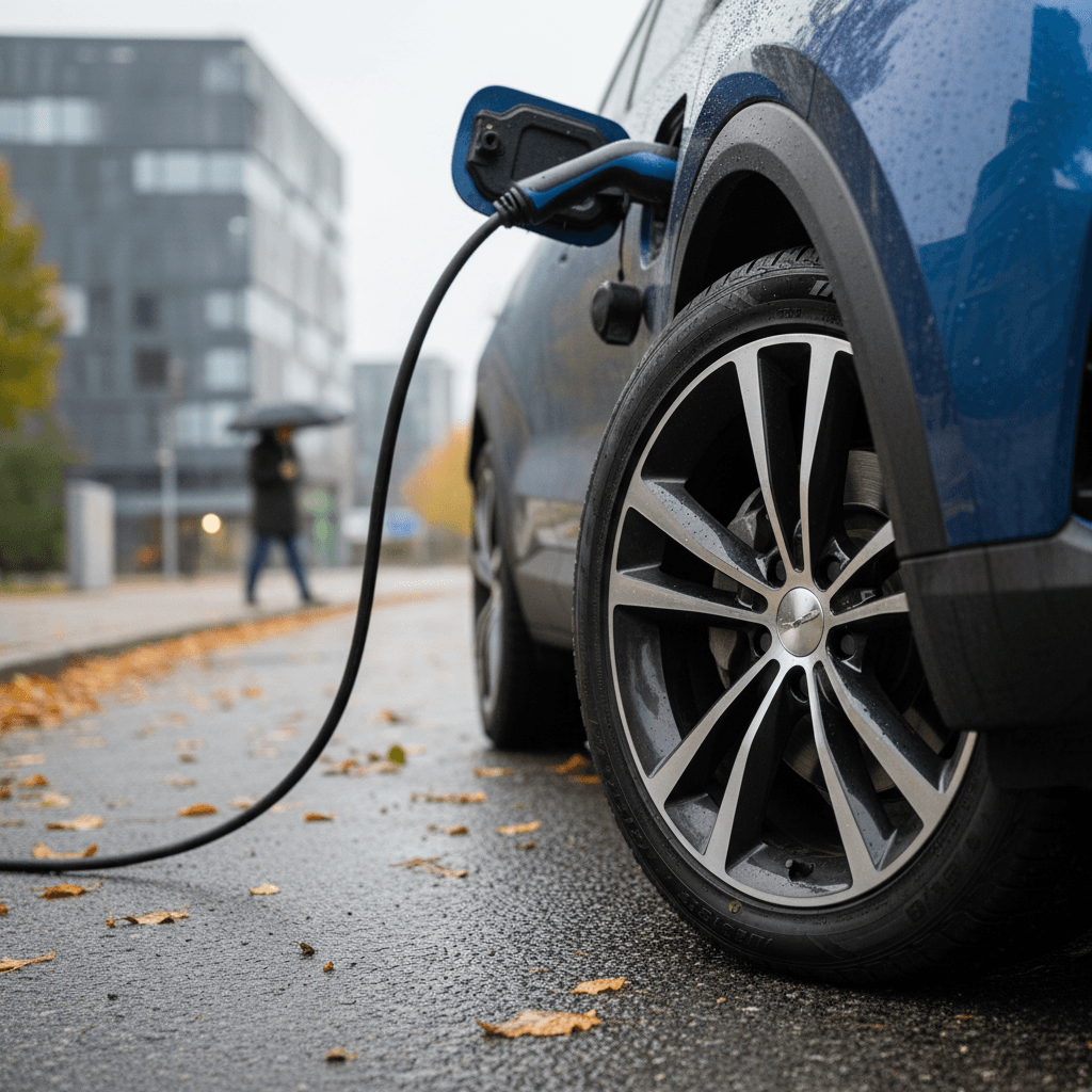 All-wheel-drive electric SUV driving in snowy winter conditions