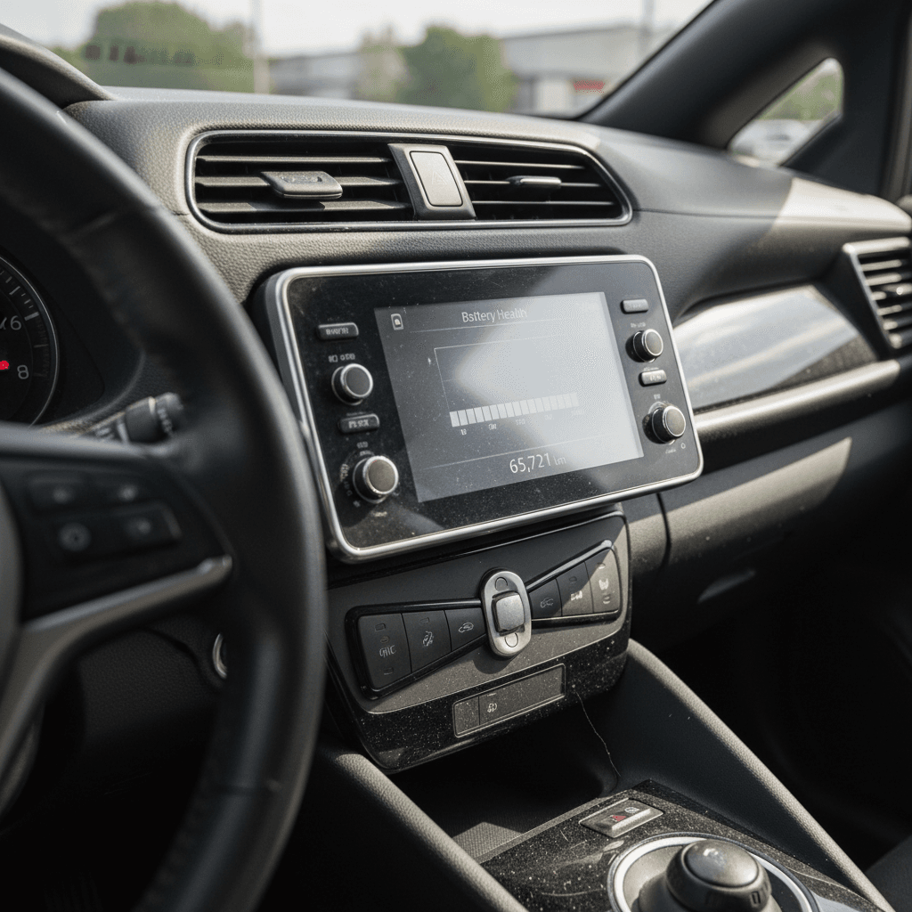 Instrument cluster of a used Nissan Leaf showing remaining battery capacity bars and mileage, helpful for judging 2021 Leaf reliability