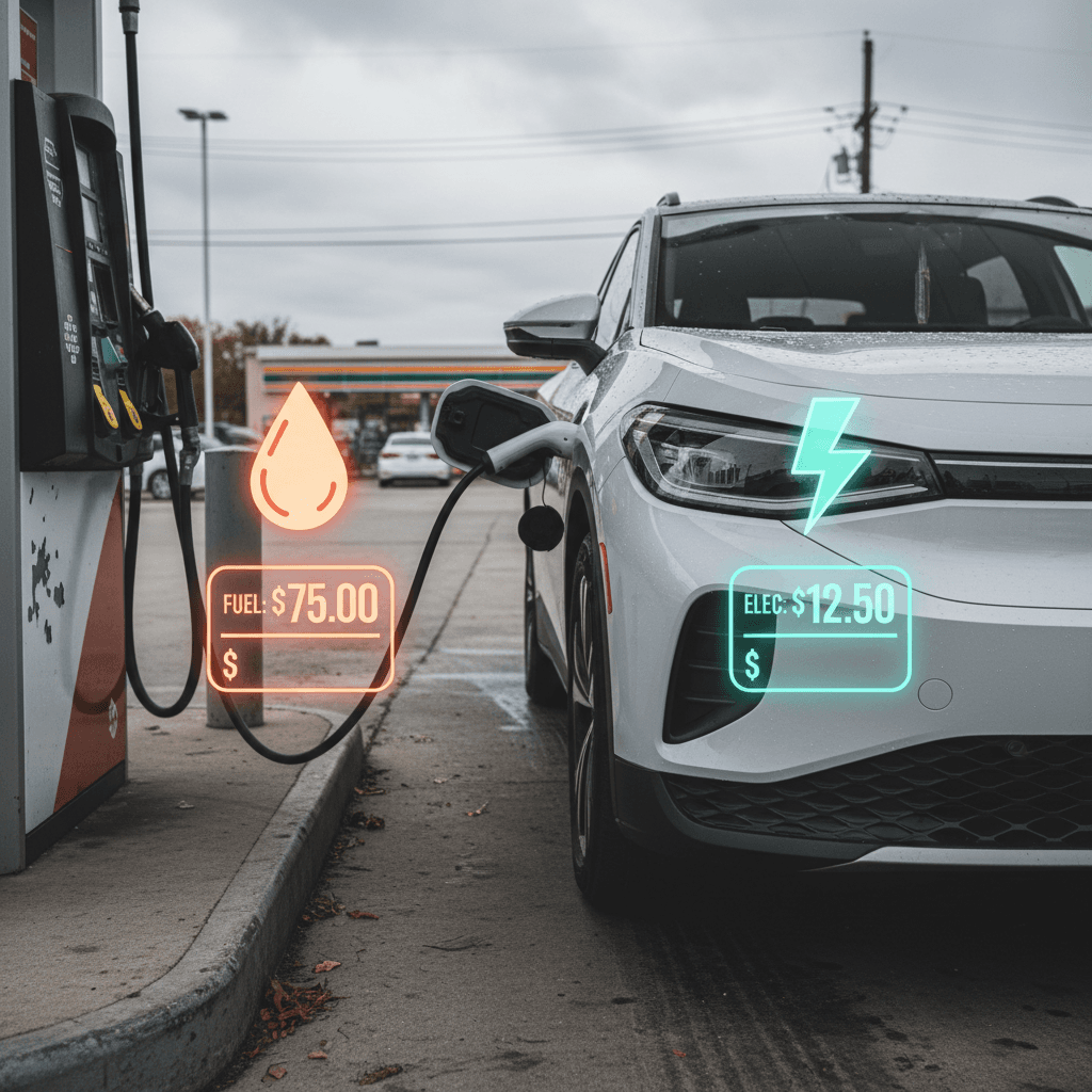 Volkswagen ID.4 plugged in at a home charger with a gas pump icon in the background, symbolizing EV versus gasoline running costs