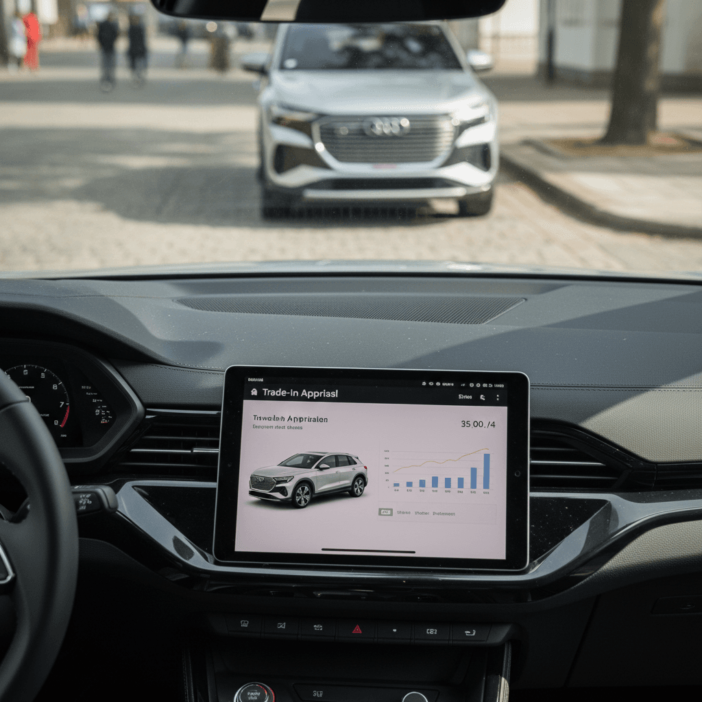 Tablet showing 2023 Audi Q4 e-tron trade-in appraisal next to the parked vehicle in a driveway