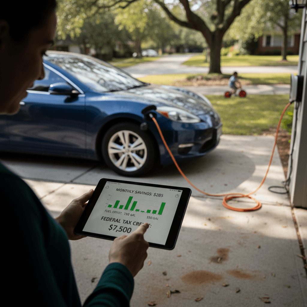Family in South Carolina driveway plugging a used electric car into a home Level 2 charger while reviewing cost savings on a tablet