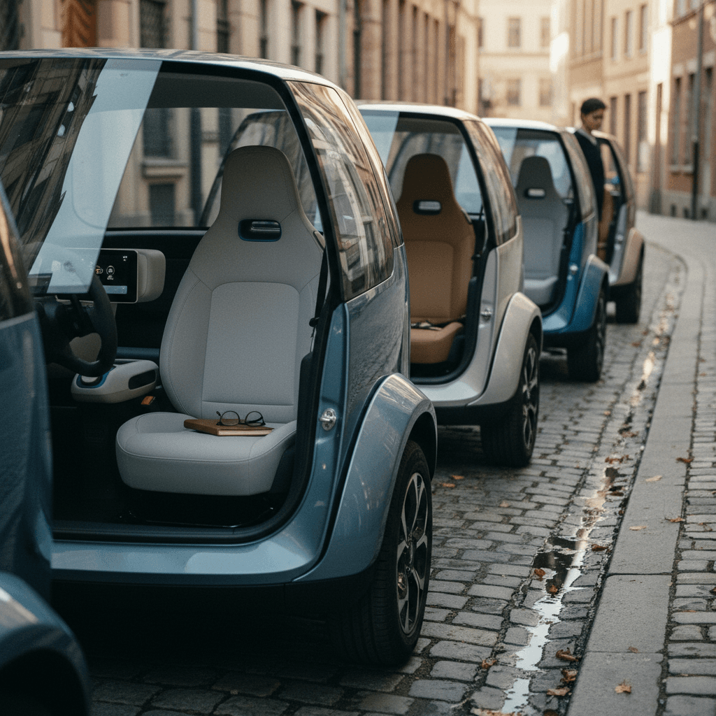 Row of compact electric SUVs with high seating positions and large windows, ideal for short drivers