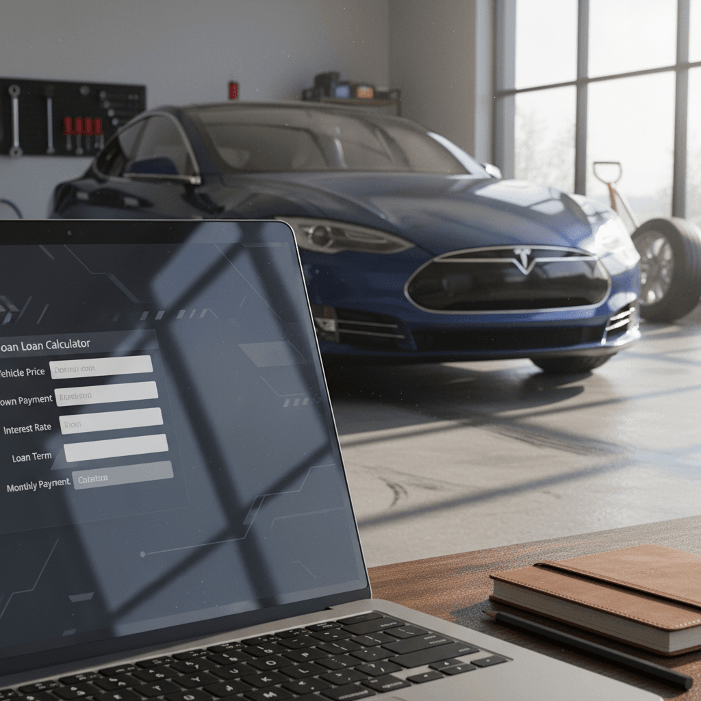 Laptop screen displaying an auto loan calculator next to a Tesla Model S key fob