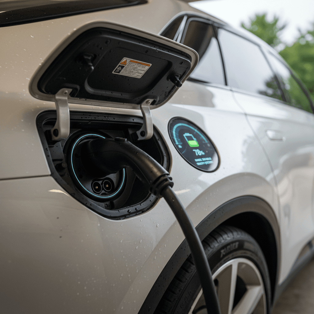 Close-up of a Cadillac Lyriq charging port while plugged in, showing charging status lights and battery indicator on the driver display.