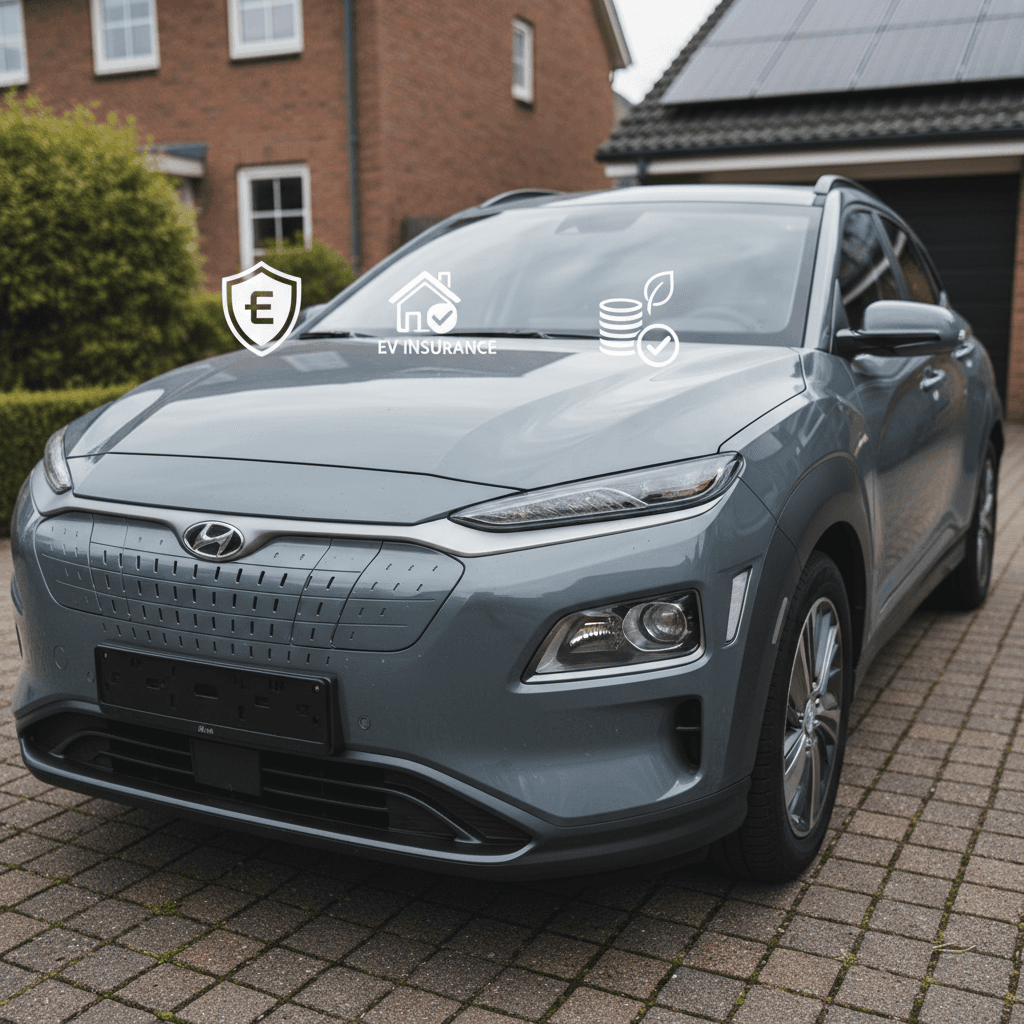 Hyundai Kona Electric parked in a residential driveway, representing a typical EV owner budgeting for monthly insurance costs.