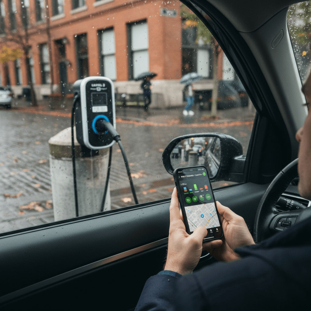 Driver in Seattle checking a charging app on their phone while their EV is plugged into a curbside Level 2 charger downtown.