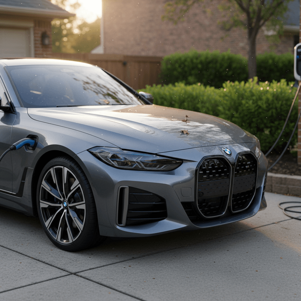 BMW i4 parked in a quiet residential driveway, representing a lower-risk garaging situation for insurers