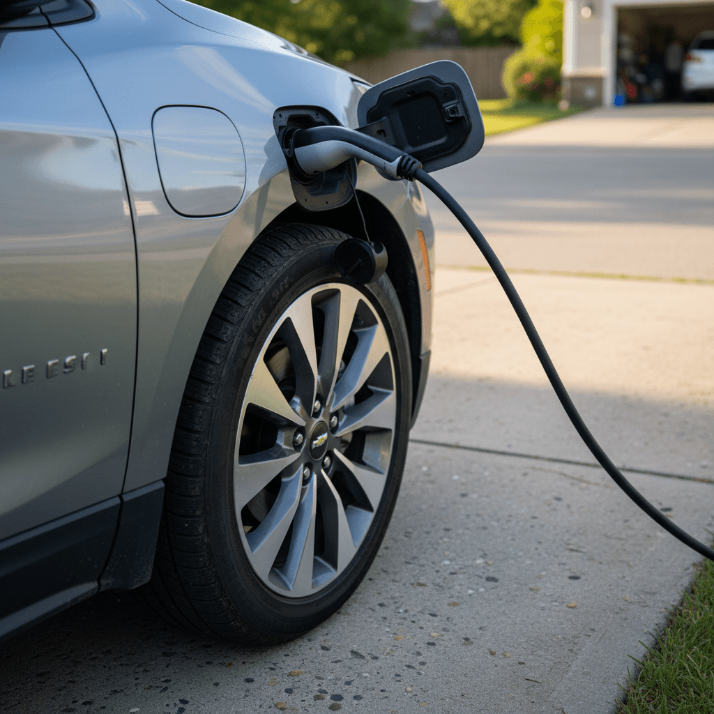 Digital instrument cluster of an electric SUV showing remaining highway range and energy consumption