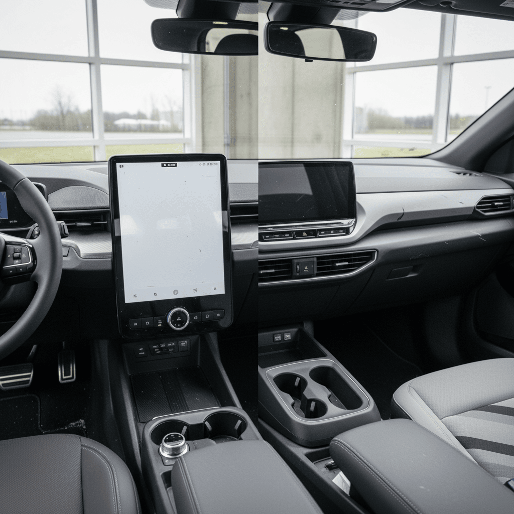 Side-by-side view of Ford Mustang Mach-E and Volkswagen ID.4 interiors highlighting seating space and cargo-friendly hatchback design