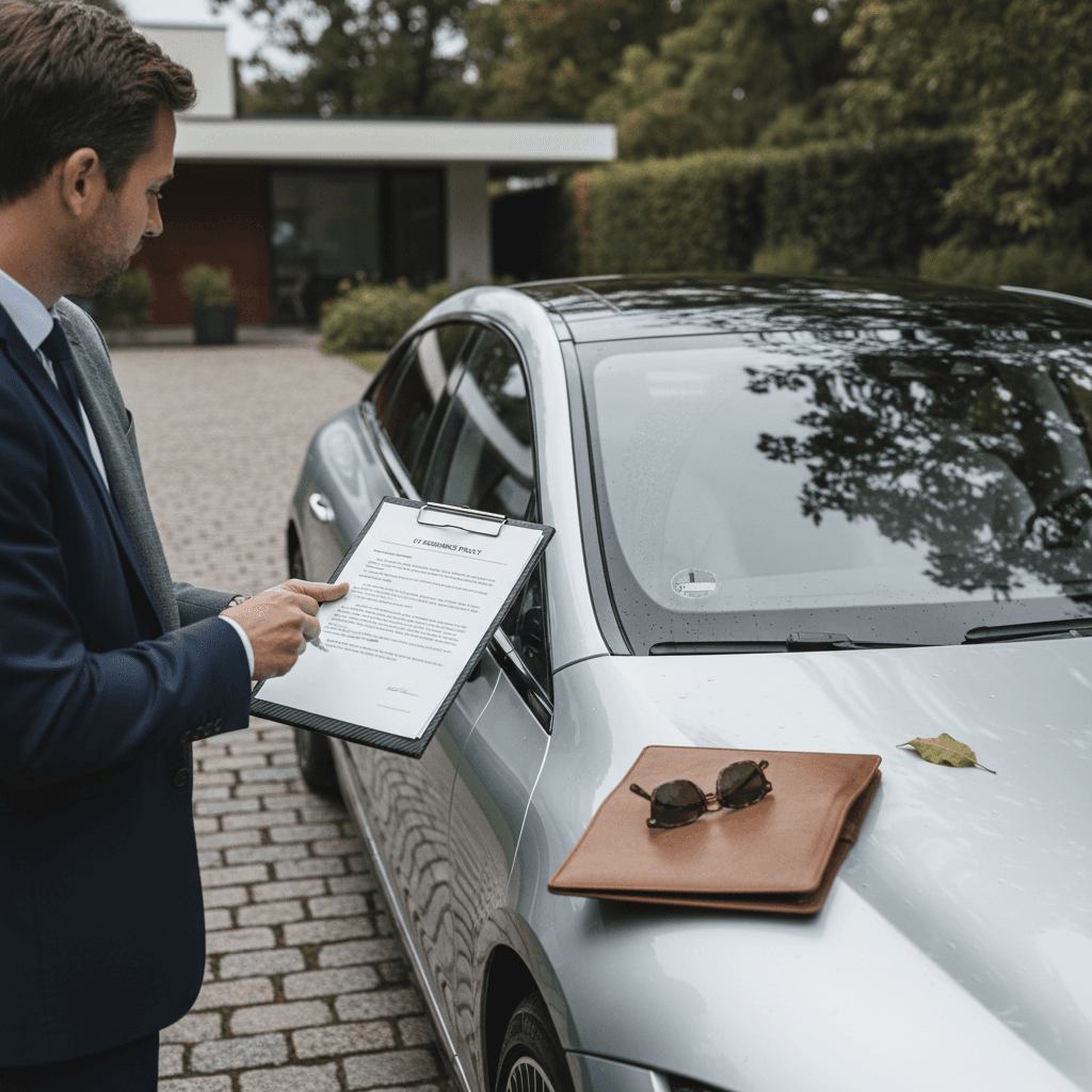 Mercedes EQS owner reviewing auto insurance policy options with an agent beside the parked car