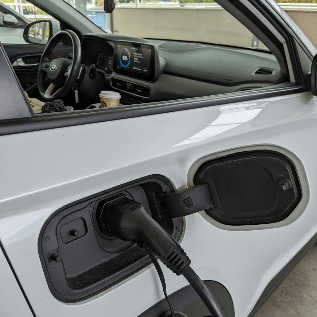 Close‑up of a Hyundai Kona Electric charge port and dashboard showing battery range and state of charge, used in a sales listing.