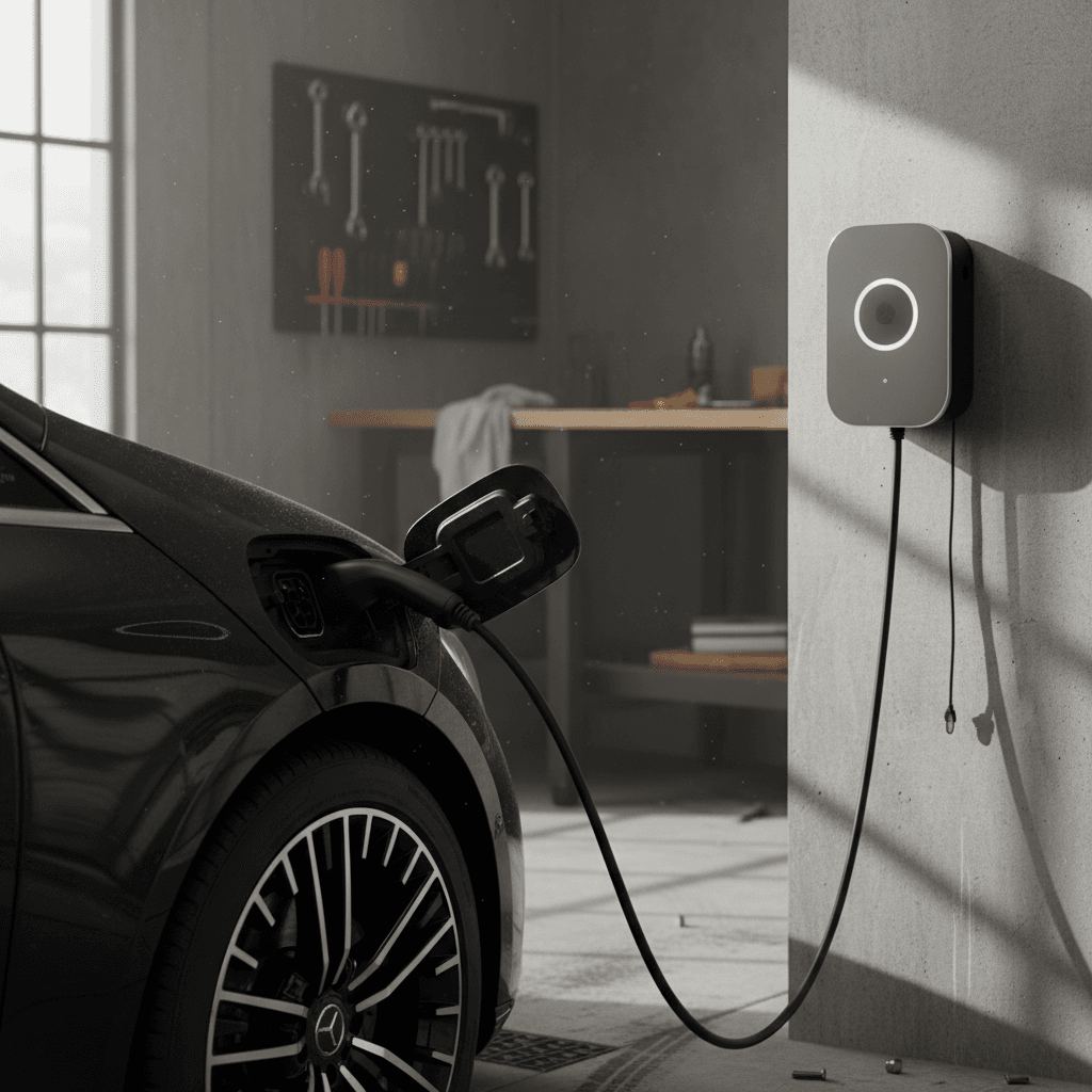 Mercedes EQS plugged into a home wallbox charger in a modern garage, showing cable connected to charging port