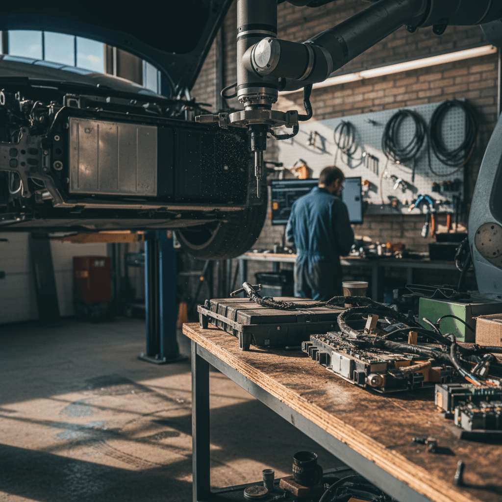 Independent mechanic working on the suspension of a Tesla or electric car on a lift