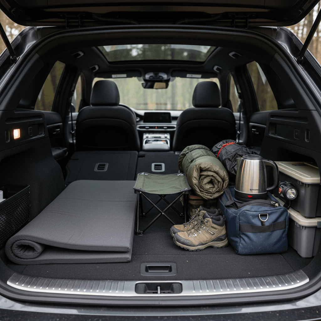 Genesis GV60 rear seats folded showing a mostly flat cargo floor with a compact camping mattress and gear