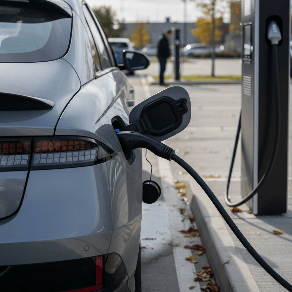 Hyundai Ioniq 6 plugged into a public fast charger, highlighting the rear design and charge port