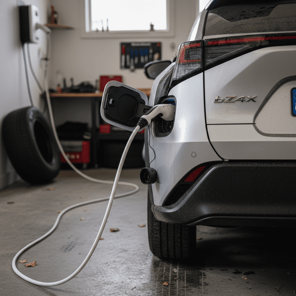 Close up of a 2024 Toyota bZ4X plugged into a home wallbox, showing the charge port and rear bZ4X badge