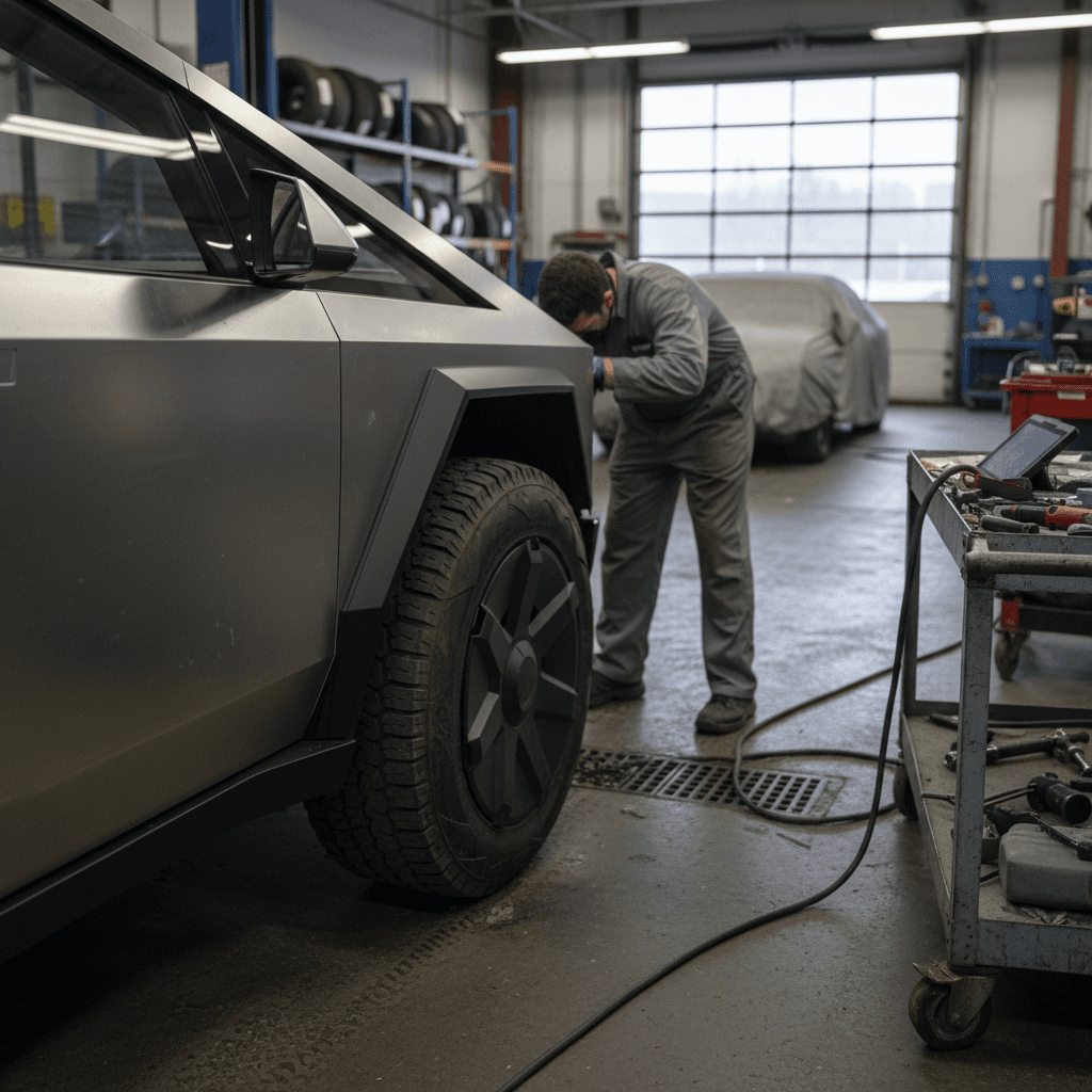 Technician inspecting a Tesla Cybertruck body panel alignment and wheel while the truck is on a lift