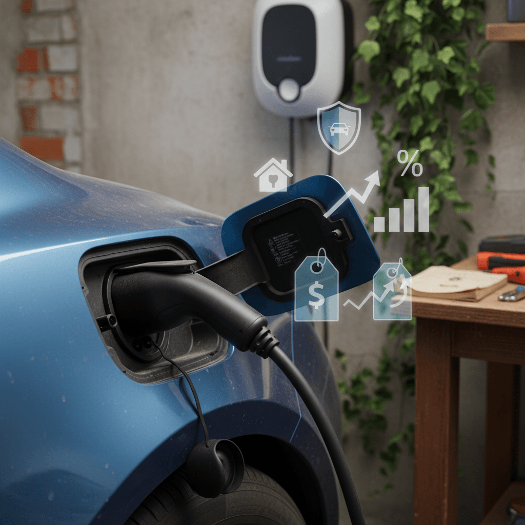 Electric car charging at home while owner reviews insurance options on a tablet