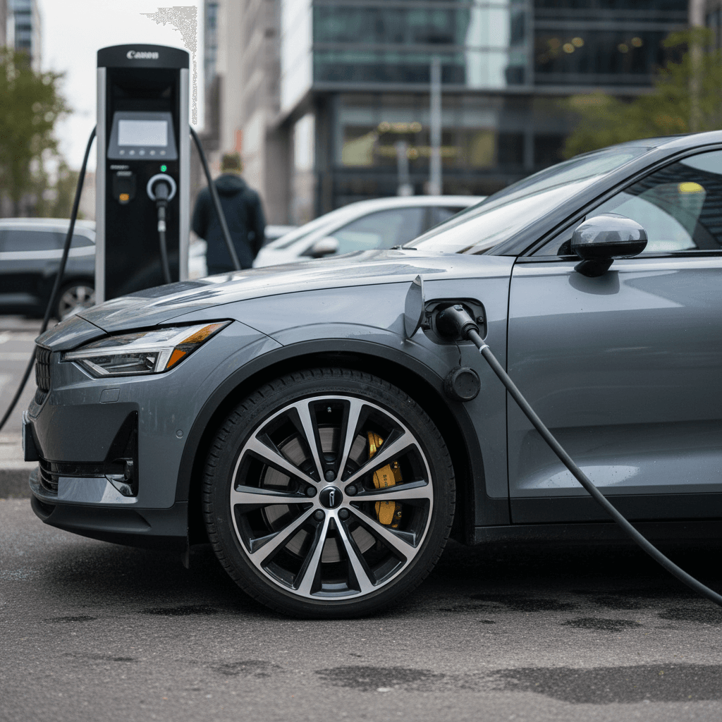 2025 Polestar 2 Performance Pack charging at a public fast charger in an urban setting