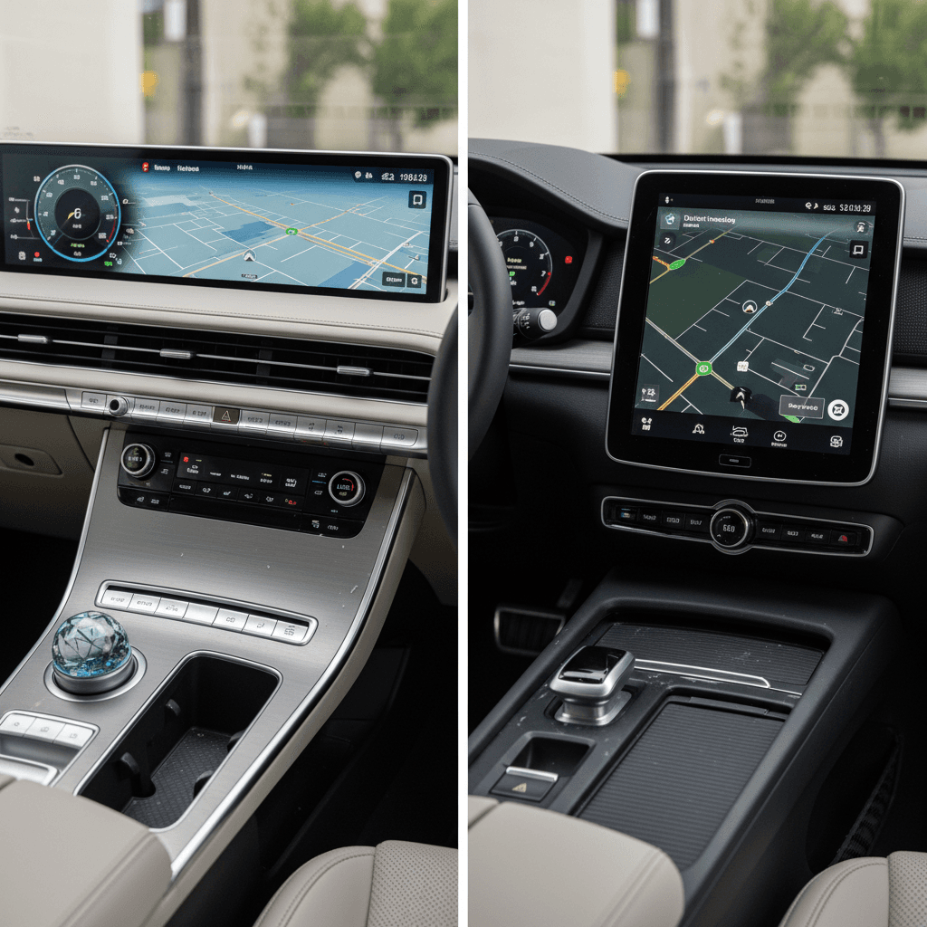 Genesis GV60 and Polestar 2 interiors showing distinct dashboard layouts and screens