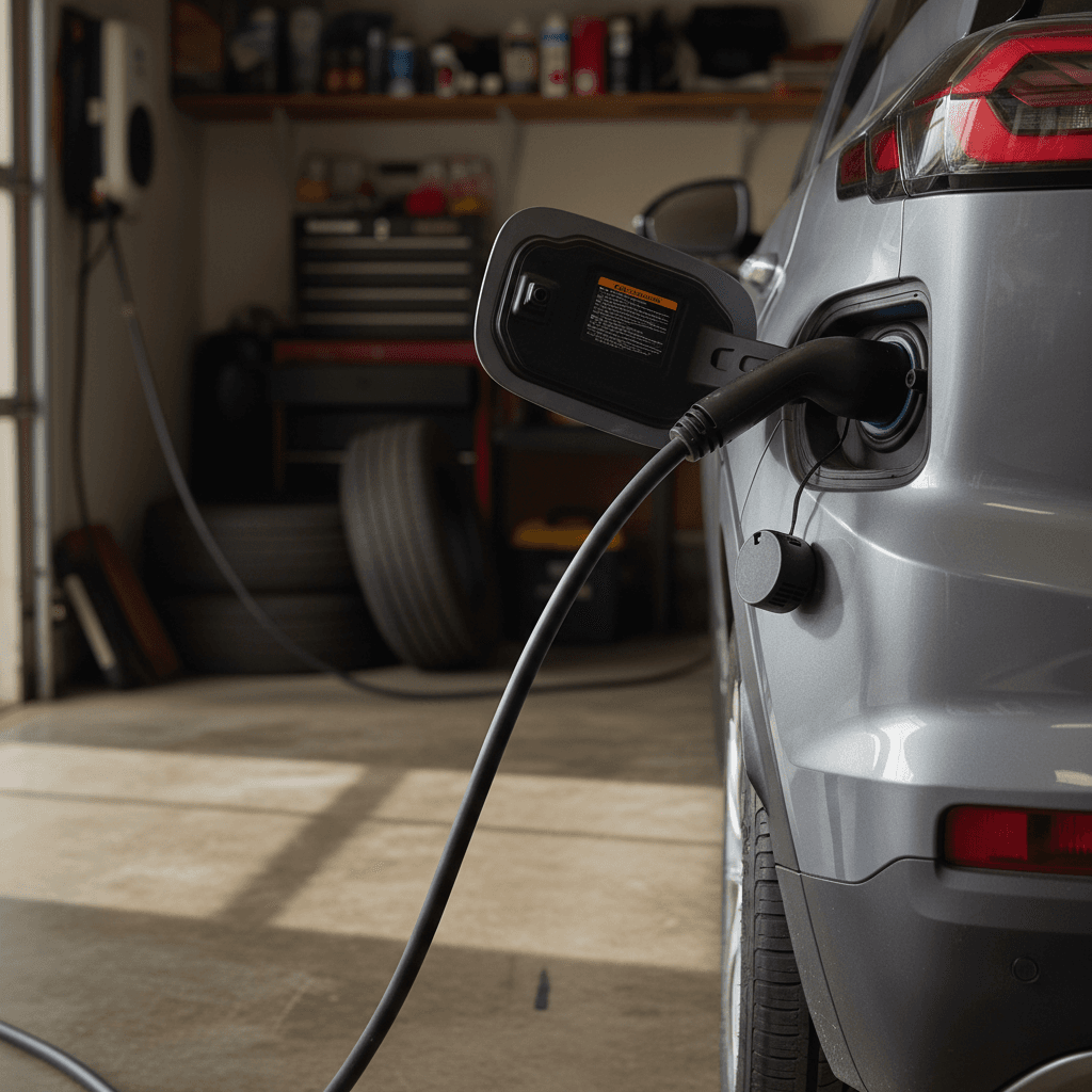 2023 Chevrolet Bolt EUV charging on a Level 2 home wallbox in a residential garage