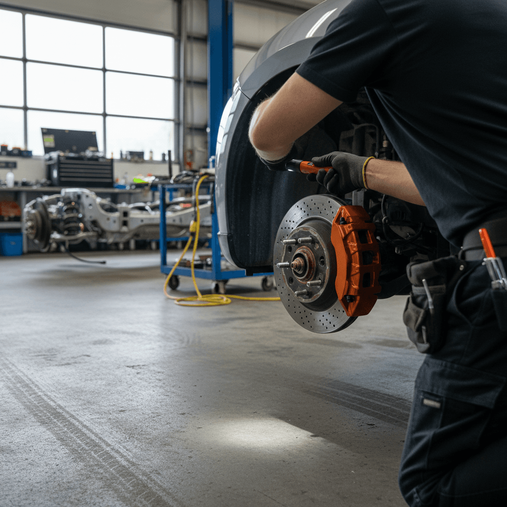 Technician working on an electric vehicle inside a professional auto body shop