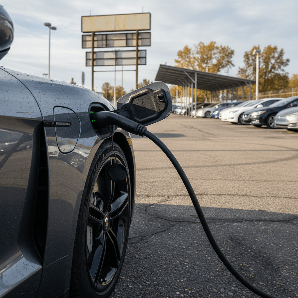 Used 2021 Porsche Taycan parked at a dealership with charging cable connected, illustrating EV trade-in value