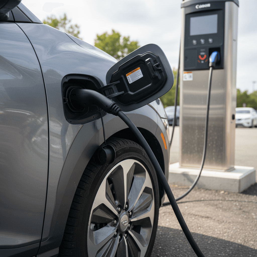 2024 Hyundai Kona Electric connected to a DC fast charger in a public parking area