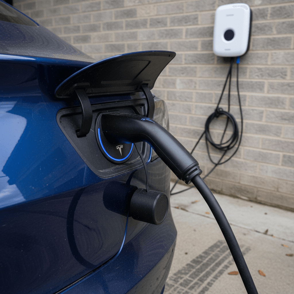 A used 2020 Tesla Model 3 plugged into a home wallbox charger in a residential driveway