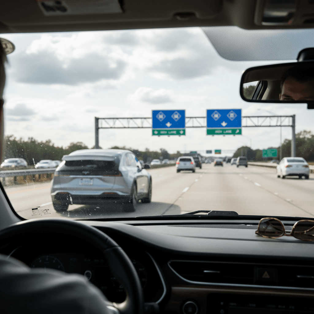 High-occupancy vehicle lane sign on a North Carolina interstate showing HOV 3+ requirements while an EV drives nearby in regular traffic
