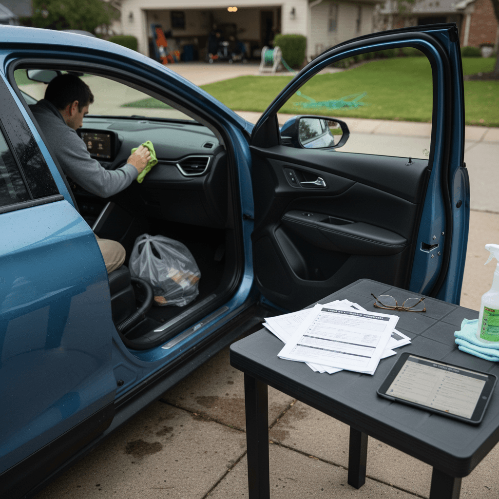 Owner cleaning the interior of a Chevrolet Equinox EV and organizing paperwork before selling