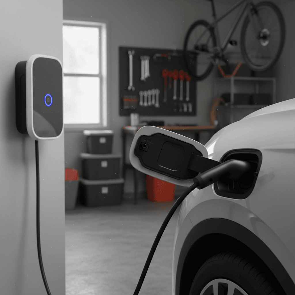 Volkswagen ID.4 charging from a Level 2 wallbox inside a home garage, showing the charge cable plugged into the rear quarter panel