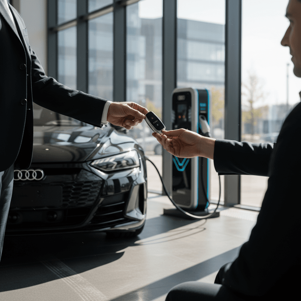 Seller meeting with an EV specialist to review an Audi e-tron GT battery health and pricing report