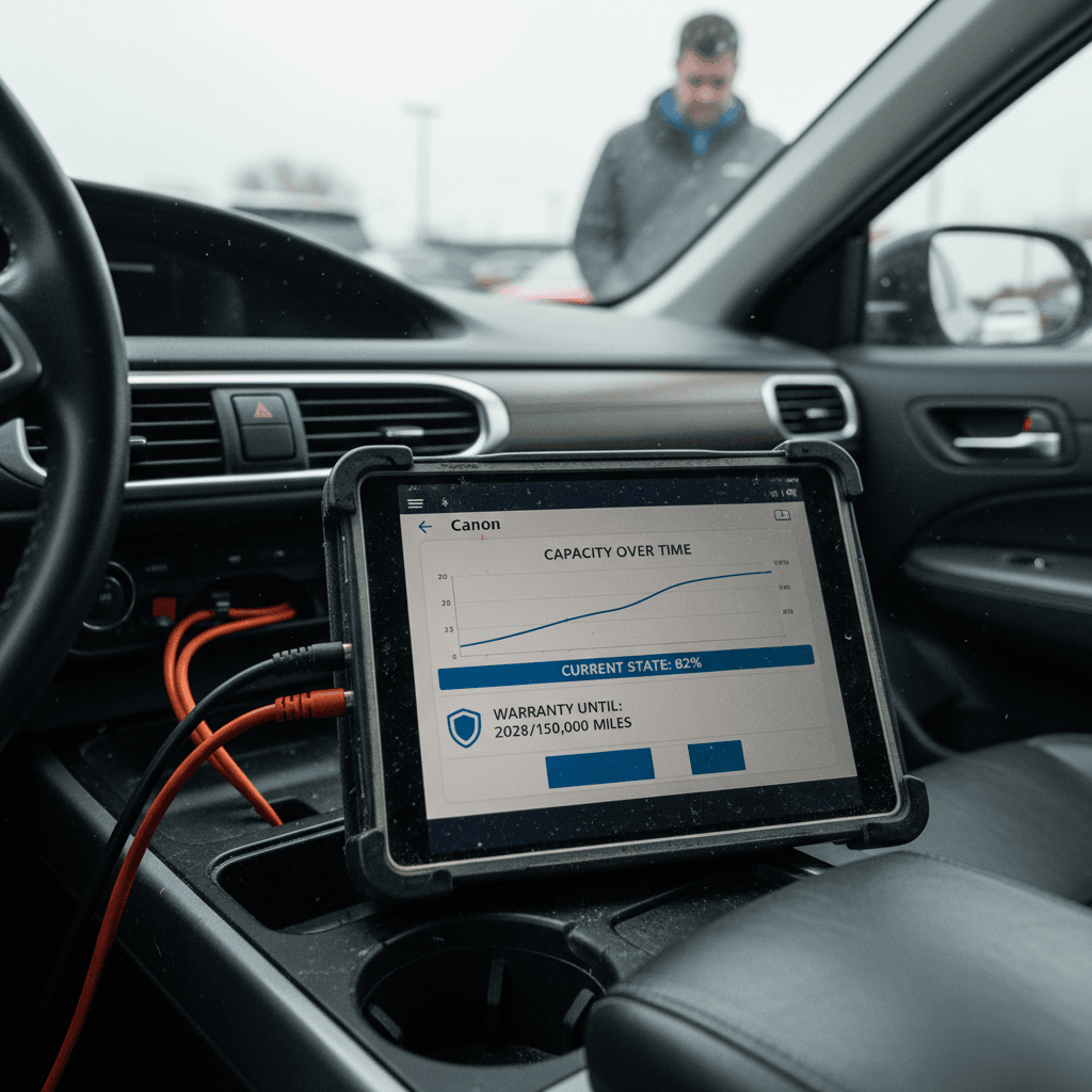 Technician inspecting the high-voltage battery pack of an electric car on a lift