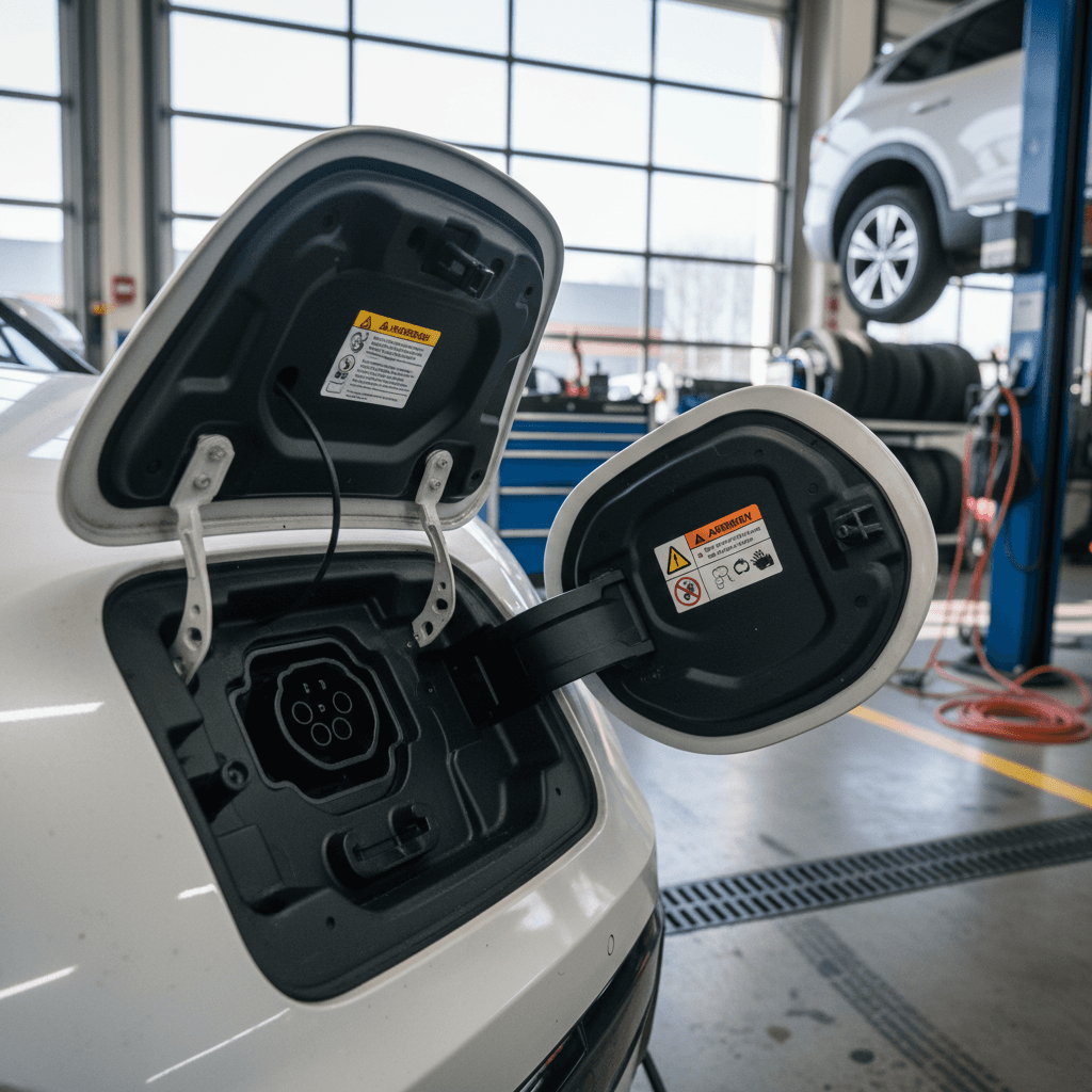 Technician inspecting the high‑voltage battery area and charging port of a Kia EV9 in a service bay
